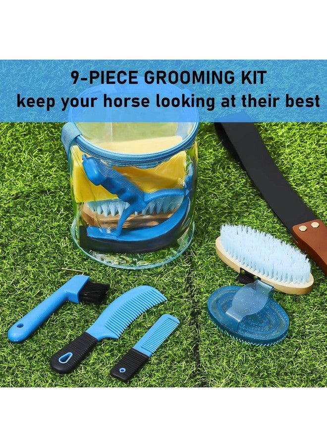 Cunhill 9 Pieces Horse Grooming Kit Tack Room Supplies Set with Organizer Tote Bag, Oval Massage Curry, Hard and Soft Brush, Hoof Pick, Sweat Scraper, Bathing Sponge, Combs for Horse Riders Beginners (Blue) - Image 5