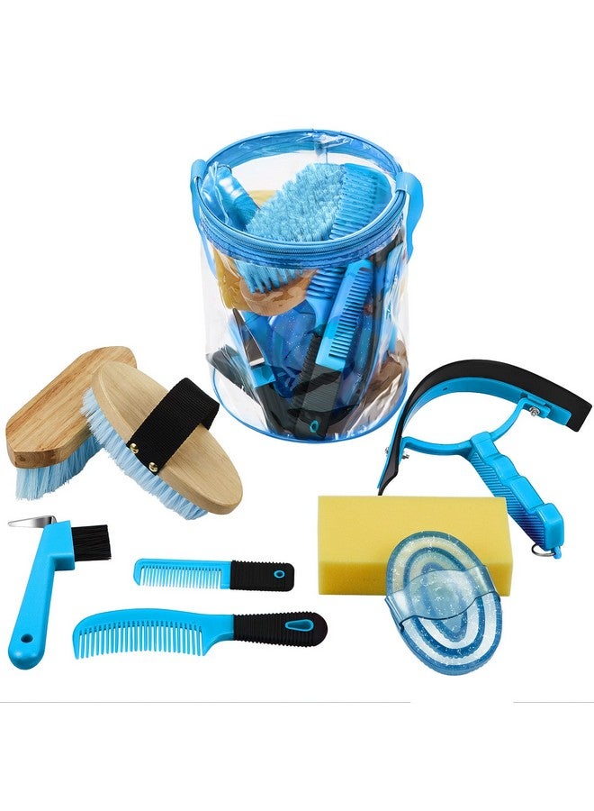 Cunhill 9 Pieces Horse Grooming Kit Tack Room Supplies Set with Organizer Tote Bag, Oval Massage Curry, Hard and Soft Brush, Hoof Pick, Sweat Scraper, Bathing Sponge, Combs for Horse Riders Beginners (Blue) - Image 1