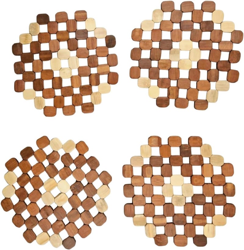 Wooden Hot Pot Holder, Woven Lattice, Multicolor Natural Wood, Round Shape, 4 Pieces - Image 1