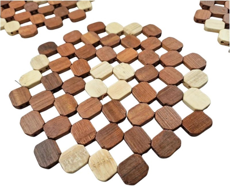 Wooden Hot Pot Holder, Woven Lattice, Multicolor Natural Wood, Round Shape, 4 Pieces - Image 3