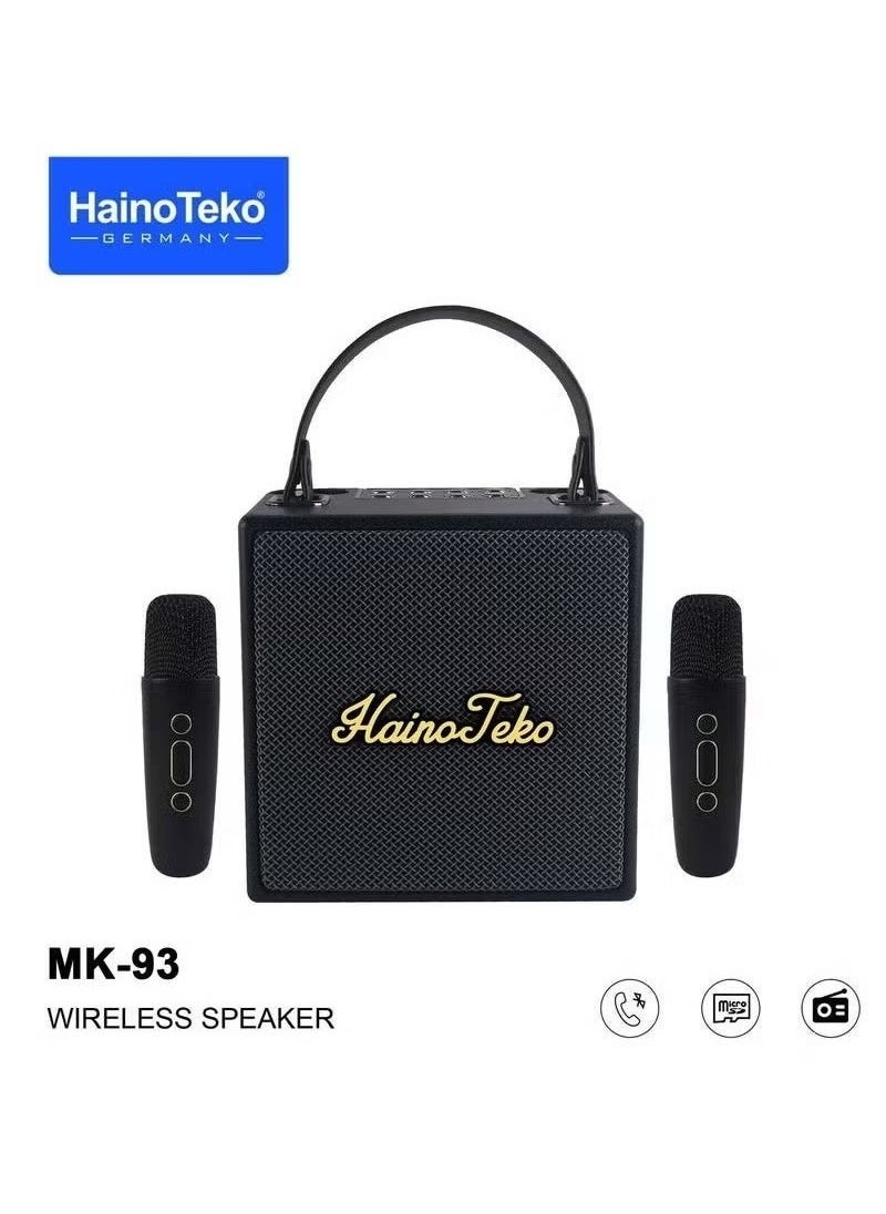 Haino Teko MK93 Splash-Proof Portable Bluetooth Wireless Speaker | Dual Wireless Microphones | Deep Bass & Crystal-Clear Sound | Rechargeable Party Speaker | Ideal for Outdoor, Karaoke & Events | Compact & Durable | Black  - Image 1