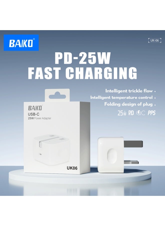 بَيّاكم شاحن جداري ذكي للتحكم في درجة الحرارة، مزود بمنفذ USB-C للشحن السريع بقوة 25 واط من بايكو UK06، يدعم تقنية الشحن السريع PD، وقابس قابل للطي. - Image 1