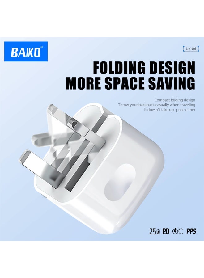 بَيّاكم شاحن جداري ذكي للتحكم في درجة الحرارة، مزود بمنفذ USB-C للشحن السريع بقوة 25 واط من بايكو UK06، يدعم تقنية الشحن السريع PD، وقابس قابل للطي. - Image 4