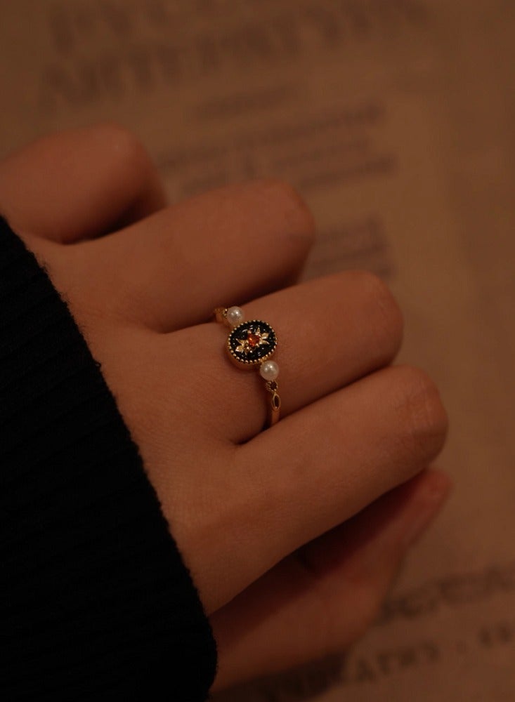 French Vintage Haute Couture Niche Design Hundred Pearls Open End Ring Black Gold Prom-Ring - Image 2
