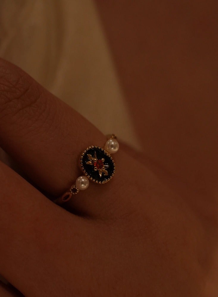 French Vintage Haute Couture Niche Design Hundred Pearls Open End Ring Black Gold Prom-Ring - Image 3