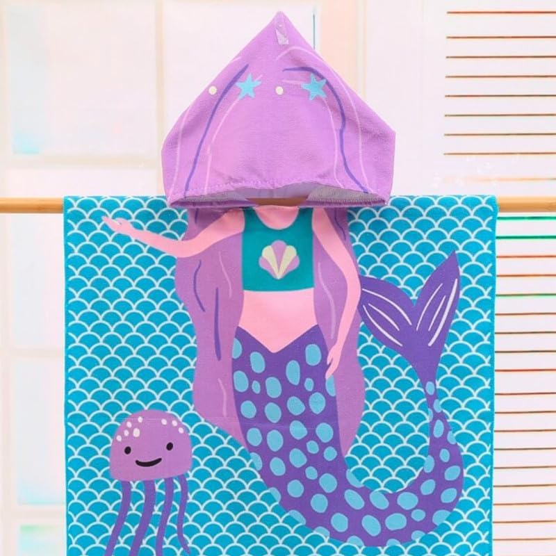 THE LITTLE LOOKERS Hooded Poncho Towel for Kids | Hooded Bath Towel for Girls | Kids Bathrobe | Hooded Towel for Toddlers (Blue-Mermaid, 3 Years-8 Years) - Image 2