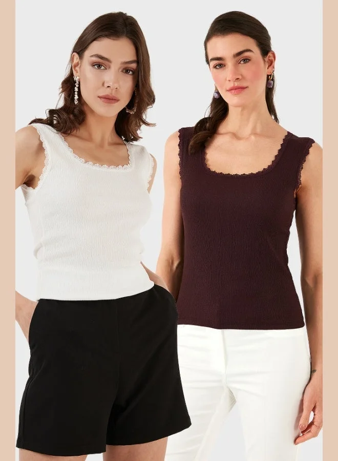 Lela Lela Slim Fit Thick Lace Square Neck Crepe 2-Pack Undershirt Women's Undershirt 5864979S2