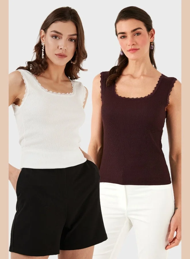 Lela Lela Slim Fit Thick Lace Square Neck Crepe 2-Pack Undershirt Women's Undershirt 5864979S2