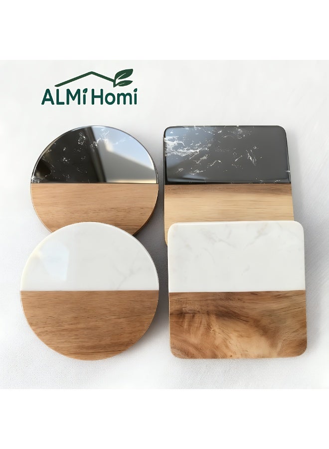 ALMiHomi Marble and Wood Coasters Set of 4 – Luxury Round & Square Cup Coasters for Coffee and Tea – Non-Slip Heat Resistant Table Mats, Durable Drink Coaster Set for Dining Table & Kitchen Décor, Easy to Clean, 10×10×1cm - Image 1
