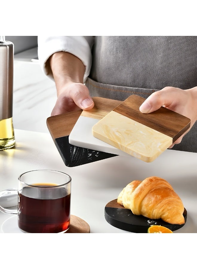 ALMiHomi Marble and Wood Coasters Set of 4 – Luxury Round & Square Cup Coasters for Coffee and Tea – Non-Slip Heat Resistant Table Mats, Durable Drink Coaster Set for Dining Table & Kitchen Décor, Easy to Clean, 10×10×1cm - Image 2