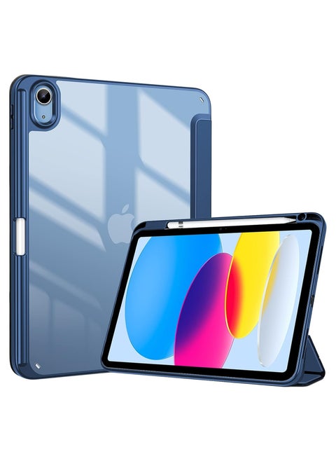 iPad 11th (A16, 2025) & 10.9 Inch 10th Gen Case with Pencil Holder 2022 Clear Transparent Back Shell Trifold Protective cover Shockproof Cover for 2022 iPad 10th Gen A2696 A2757 A2777 Navy Blue