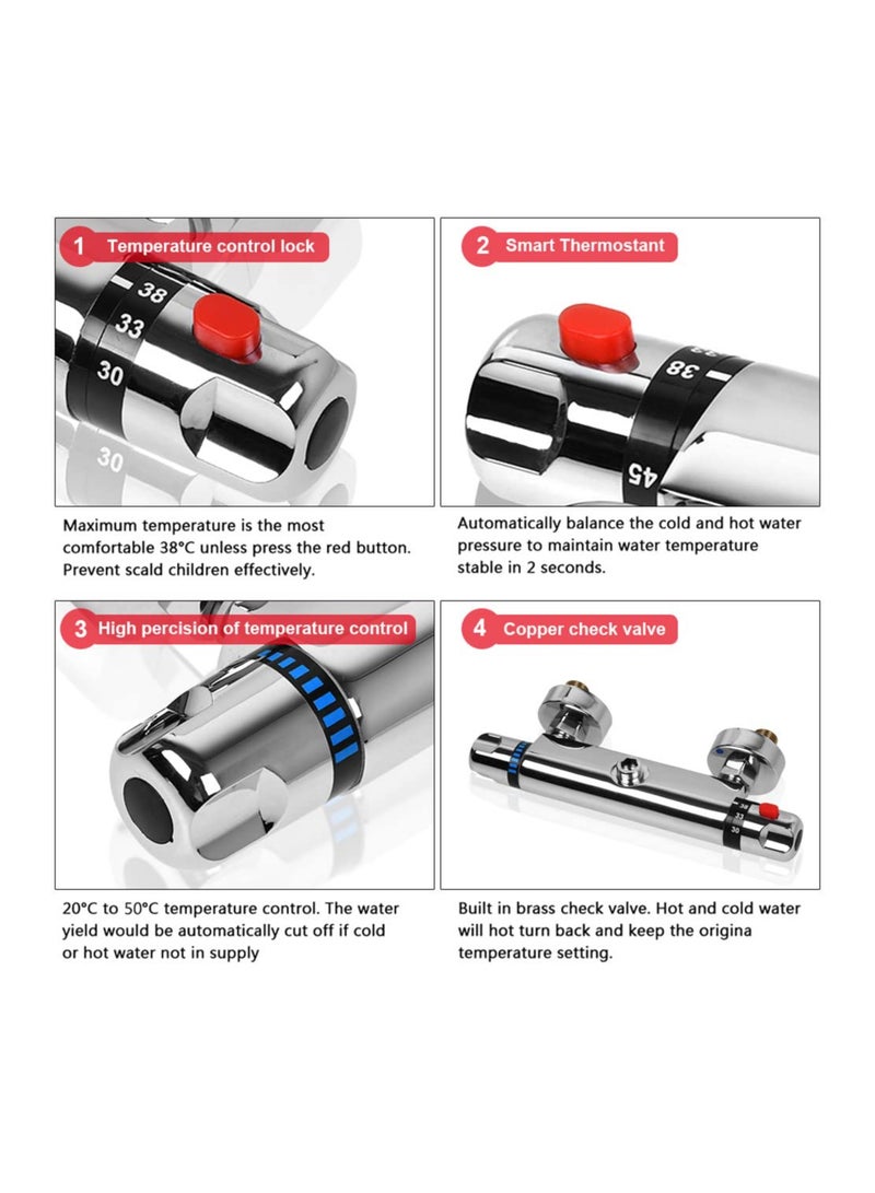 Chrome Thermostatic Shower Mixer, Solid Brass Bathroom Thermostat Bar Valve Anti Scald Tap, Top Outlet Design, Constant Temperature Control, Hot  Cold Water Mixer(Top 1/2) - Image 5