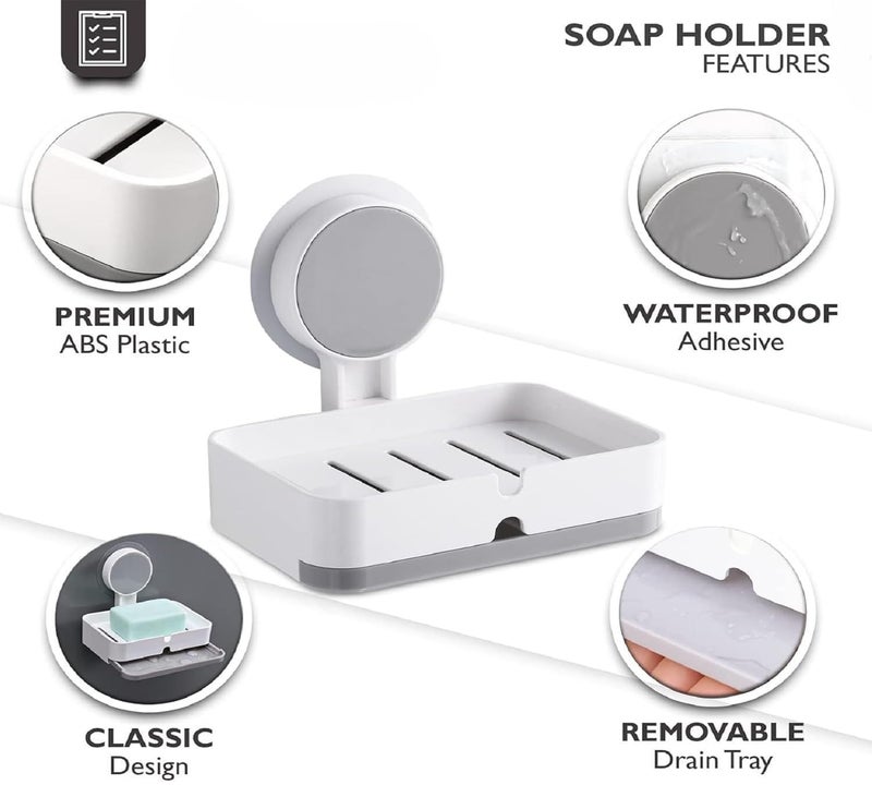 OLMARTT KITCHENWARE Wall-Mounted Soap Holder with Waterproof Adhesive, Premium ABS Plastic, Removable Drain Tray, White - Image 2