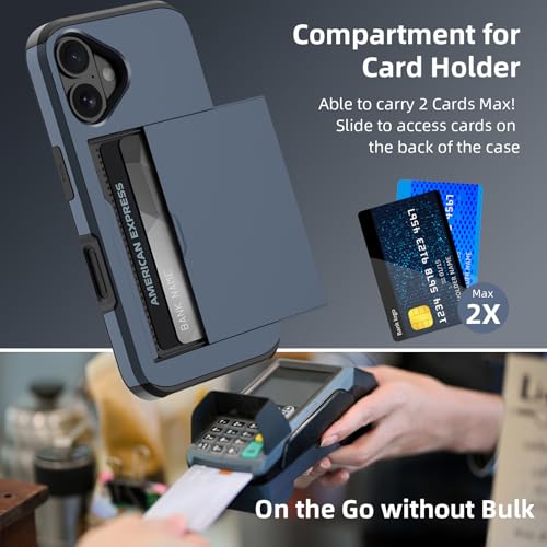 Jiunai for iPhone 16 Wallet Case, Credit Card Holder for 2 Cards Slide Cover, Hidden Pocket for IDs License, Protective Dual Layer Slim Wallet Phone Case for iPhone 16 6.1 inch Men Women - Navy - Image 3