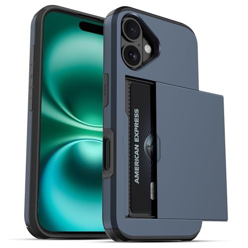 Jiunai for iPhone 16 Wallet Case, Credit Card Holder for 2 Cards Slide Cover, Hidden Pocket for IDs License, Protective Dual Layer Slim Wallet Phone Case for iPhone 16 6.1 inch Men Women - Navy - Image 1