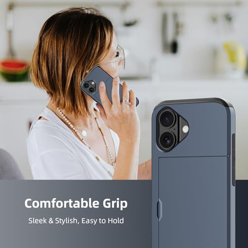 Jiunai for iPhone 16 Wallet Case, Credit Card Holder for 2 Cards Slide Cover, Hidden Pocket for IDs License, Protective Dual Layer Slim Wallet Phone Case for iPhone 16 6.1 inch Men Women - Navy - Image 5