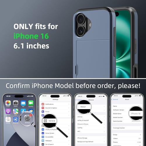 Jiunai for iPhone 16 Wallet Case, Credit Card Holder for 2 Cards Slide Cover, Hidden Pocket for IDs License, Protective Dual Layer Slim Wallet Phone Case for iPhone 16 6.1 inch Men Women - Navy - Image 2