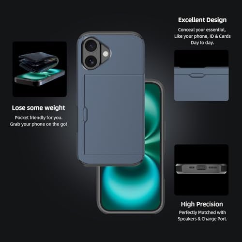 Jiunai for iPhone 16 Wallet Case, Credit Card Holder for 2 Cards Slide Cover, Hidden Pocket for IDs License, Protective Dual Layer Slim Wallet Phone Case for iPhone 16 6.1 inch Men Women - Navy - Image 4