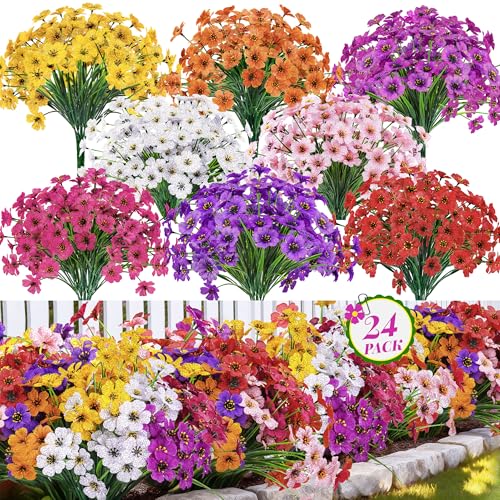 Der Rose 24 Bundles Artificial Flowers for Outdoor UV Resistant Faux Plants Spring Flowers for Outdoor Planters Wedding Home Garden Patio Porch Decor 8 Colors - Image 1