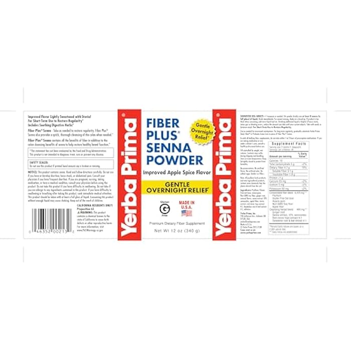 Yerba Prima Fiber Plus Senna Powder, 12 oz (Pack of 1) - Apple Spice Flavor, Gentle Overnight Relief, USA Made, Non-GMO, Stevia Sweetened, Short-Term Use to Restore Regularity - Image 2