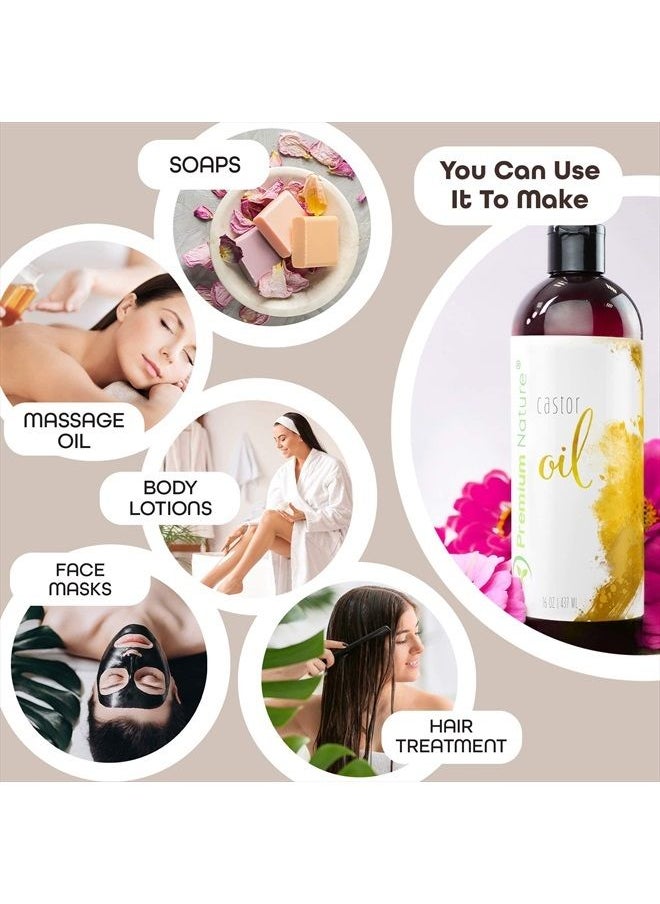 Premium Nature - Castor Oil Pure Carrier Oil - Cold Pressed Castrol Oil for Essential Oils Mixing Natural Skin Moisturizer Body & Face, Eyelash Caster Oil, Eyelashes Eyebrows Lash & Hair Growth Serum, 16 oz - Image 1