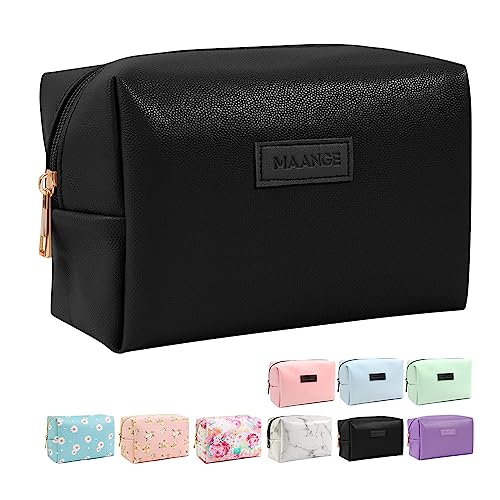 MAANGE Small Makeup Bag For Purse, Travel Cosmetic Bag Makeup Pouch PU Leather Portable Versatile Zipper Pouch For Women (Black) - Image 1