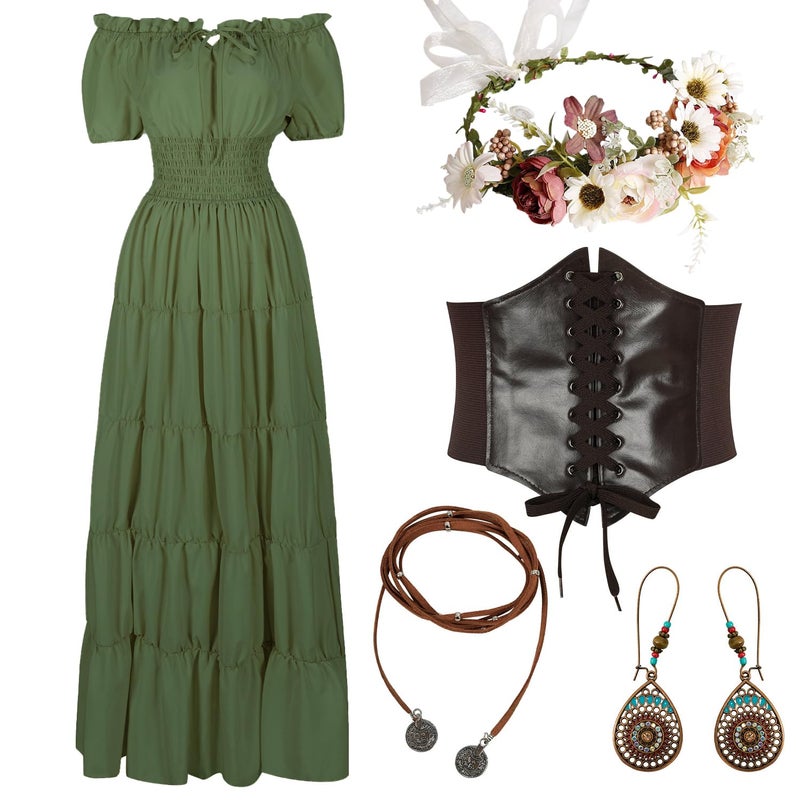 HSDOU 5 Pcs Renaissance Medieval Costume Dress Women Fairy Dress Peasant Cottagecore Dress 1700s Victorian Fantasy Fairy CostumeZ3768GNS - Image 2