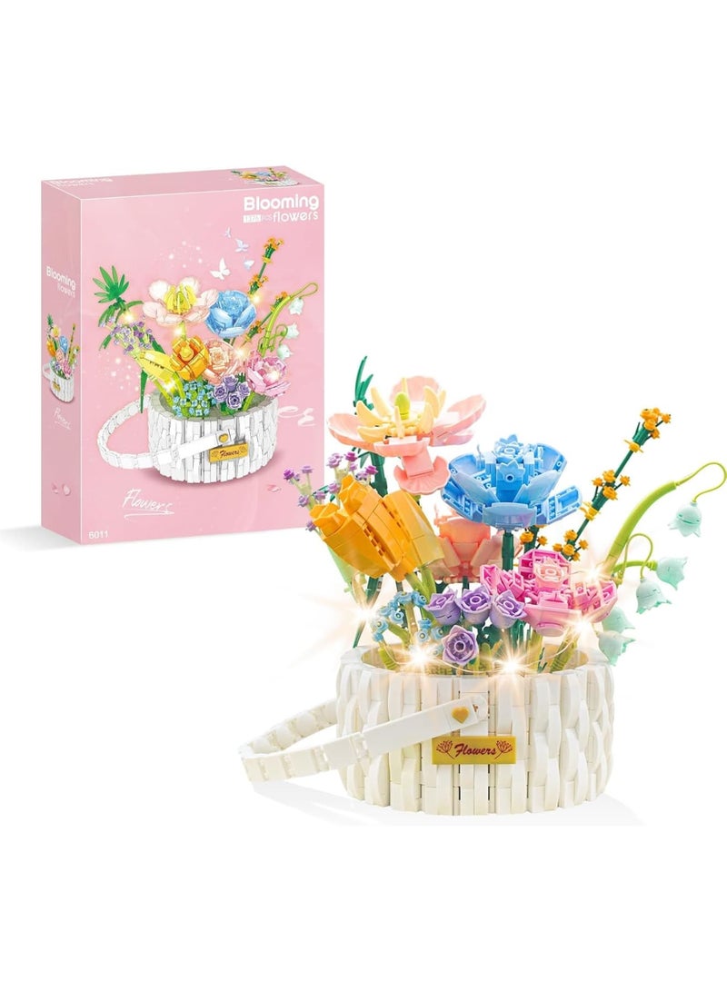 SOLARAE طقم بناء باقة الزهور، كتل بناء سلة الزهور مع أضواء LED، 1376 قطعة من الزهور الاصطناعية، ألعاب بناء الزهور الاصطناعية، مجموعة لـ 6 أطفال - Image 1
