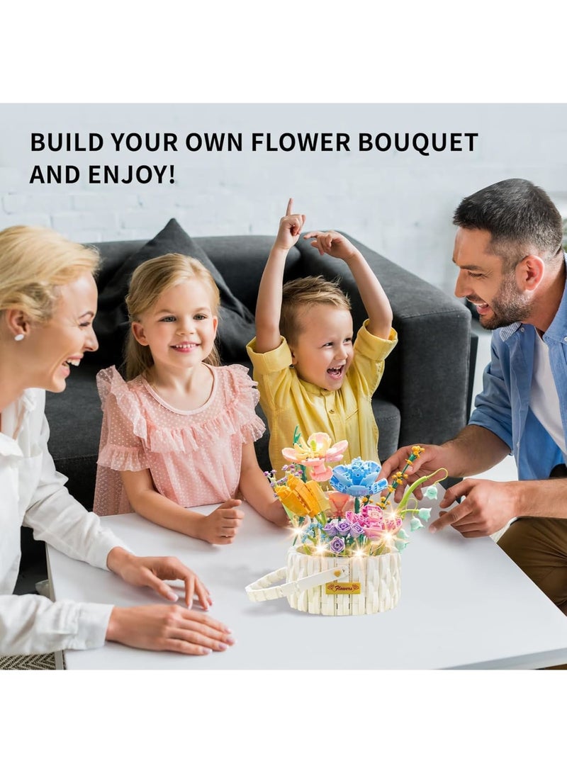 SOLARAE طقم بناء باقة الزهور، كتل بناء سلة الزهور مع أضواء LED، 1376 قطعة من الزهور الاصطناعية، ألعاب بناء الزهور الاصطناعية، مجموعة لـ 6 أطفال - Image 4