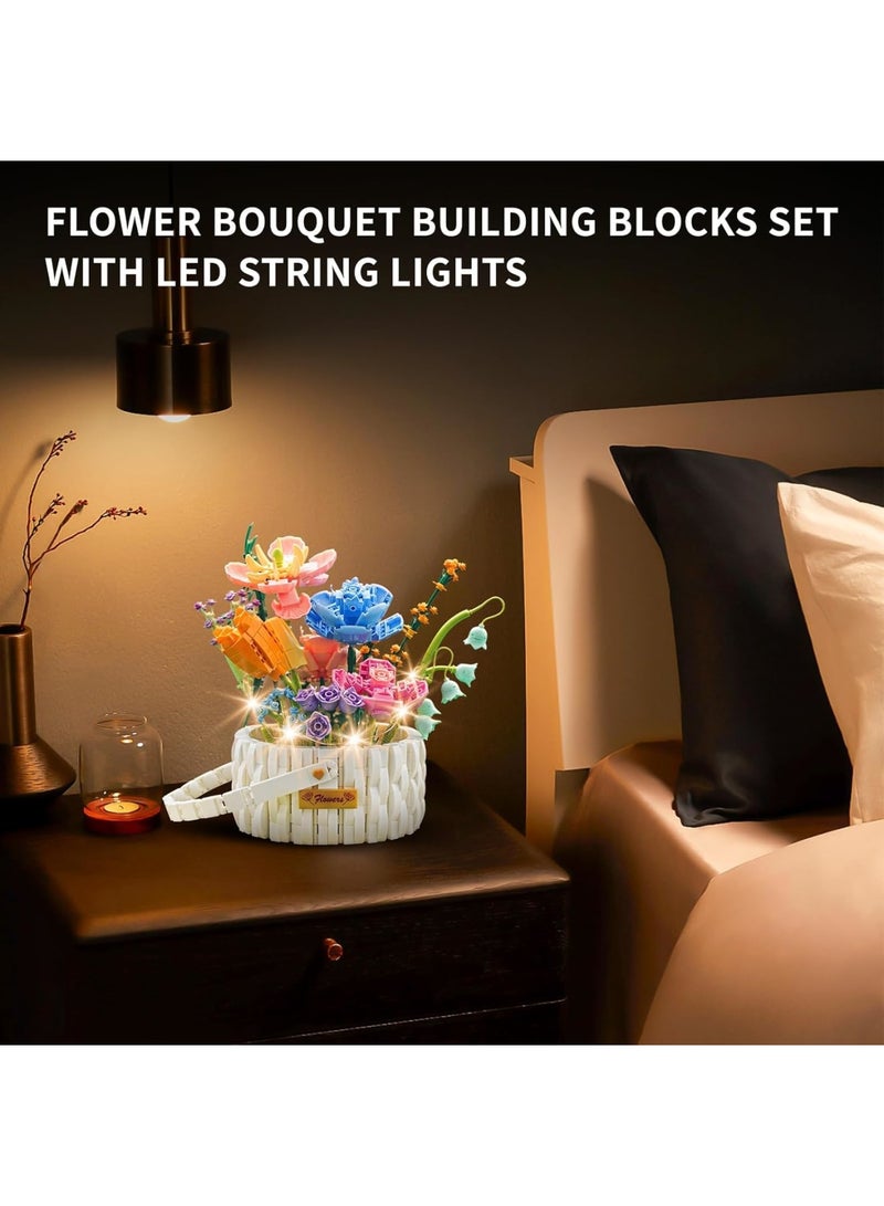 SOLARAE طقم بناء باقة الزهور، كتل بناء سلة الزهور مع أضواء LED، 1376 قطعة من الزهور الاصطناعية، ألعاب بناء الزهور الاصطناعية، مجموعة لـ 6 أطفال - Image 2