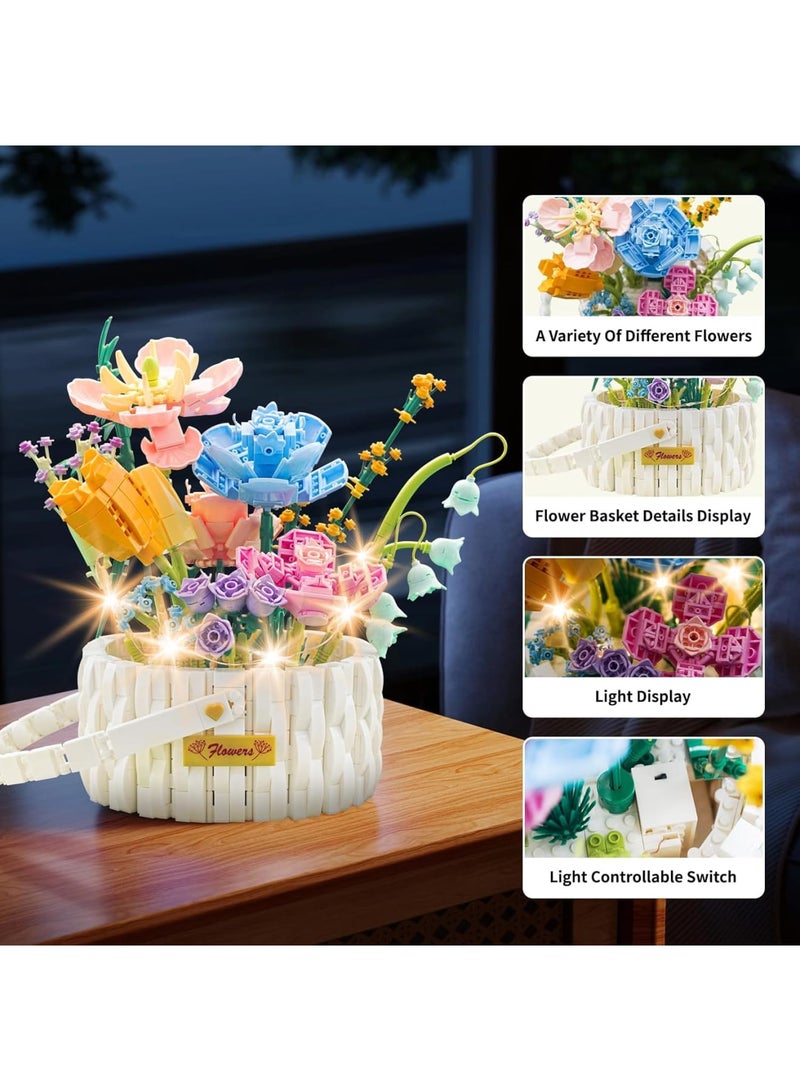 SOLARAE طقم بناء باقة الزهور، كتل بناء سلة الزهور مع أضواء LED، 1376 قطعة من الزهور الاصطناعية، ألعاب بناء الزهور الاصطناعية، مجموعة لـ 6 أطفال - Image 5