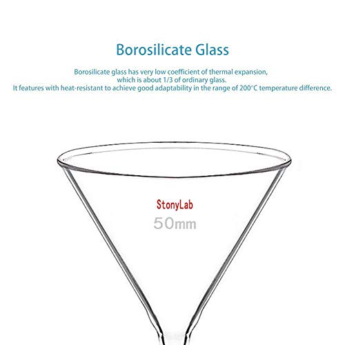 StonyLab 2-Pack Glass Heavy Wall Funnel Borosilicate Glass Funnel, Short Stem 50mm Diameter, 50mm Stem Length - Image 4