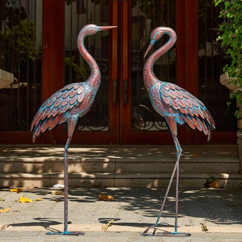 Kircust Garden Crane Statues Patina Heron Decoy Standing Metal Crane Sculptures Bird Yard Art for Outdoor Decor 4748 Inch Set of 2