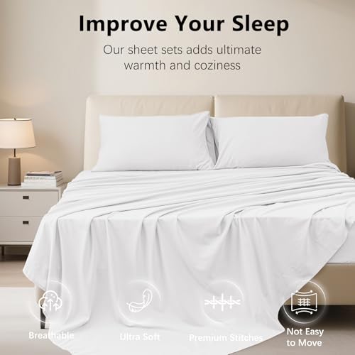 USXIBEI King Size 4 Piece Sheet Set - Hotel Luxury Bedding for King Size Bed - Soft and Breathable Bed Sheets Set - Deep Pocket Sheets,Wrinkle & Fade Resistant(King, White) - Image 4