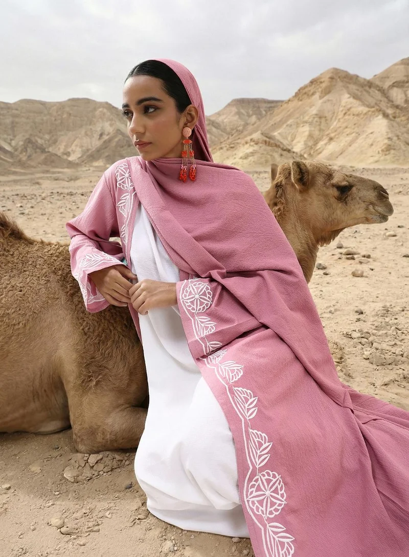 ISHIN Embroidered Woven Longline Peach Abaya with Hijab