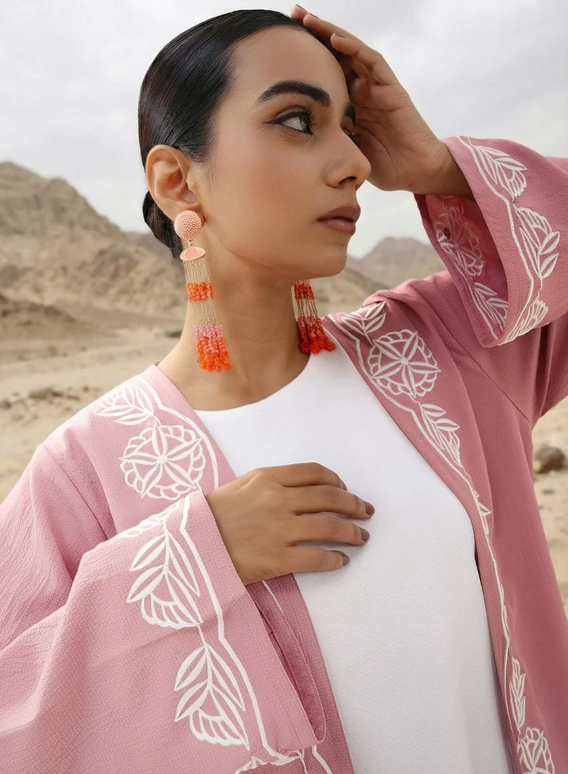 آي شين عباية طويلة مطرزة منسوجة بلون الخوخ مع حجاب