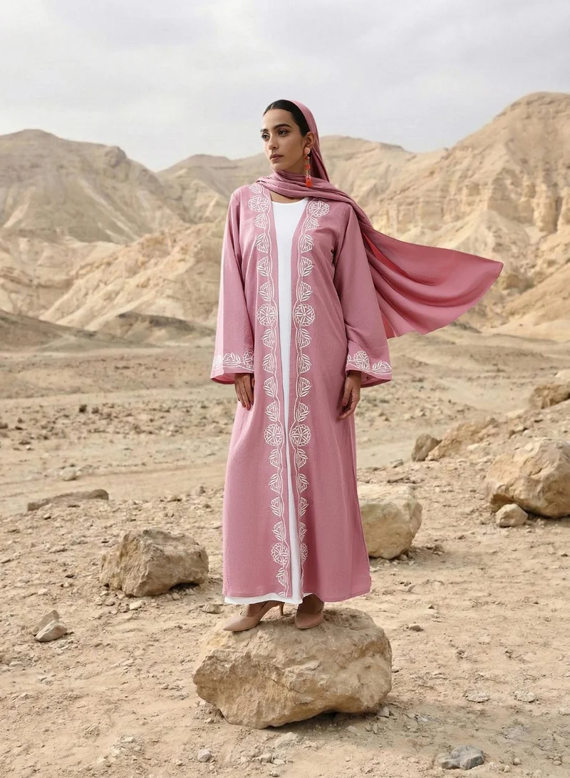 ISHIN Embroidered Woven Longline Peach Abaya with Hijab