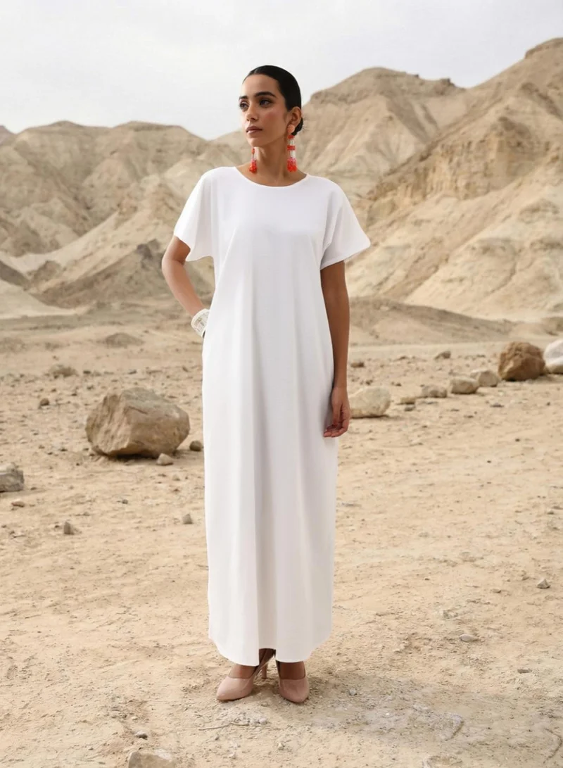 ISHIN Embroidered Woven Longline Peach Abaya with Hijab