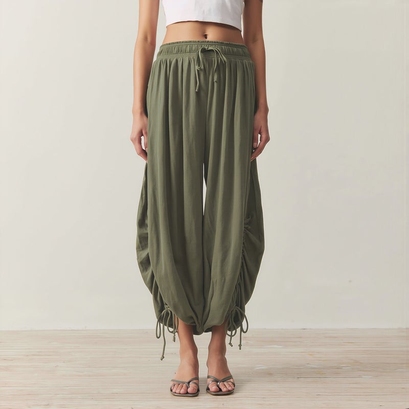 Womens Linen Blend Drawstring Harem Pants Soft Breathable Casual Summer Trousers Gray S - Image 2