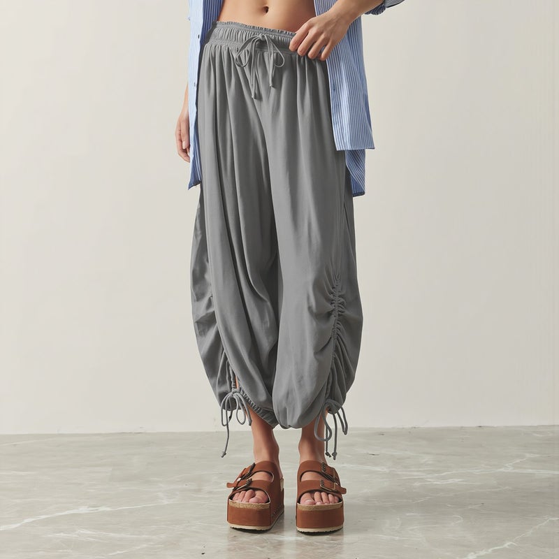 Womens Linen Blend Drawstring Harem Pants Soft Breathable Casual Summer Trousers Gray S - Image 4