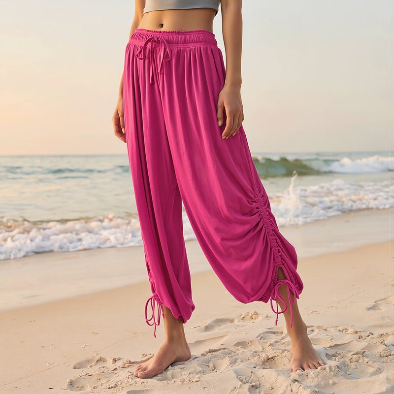 Womens Linen Blend Drawstring Harem Pants Soft Breathable Casual Summer Trousers Gray S - Image 3