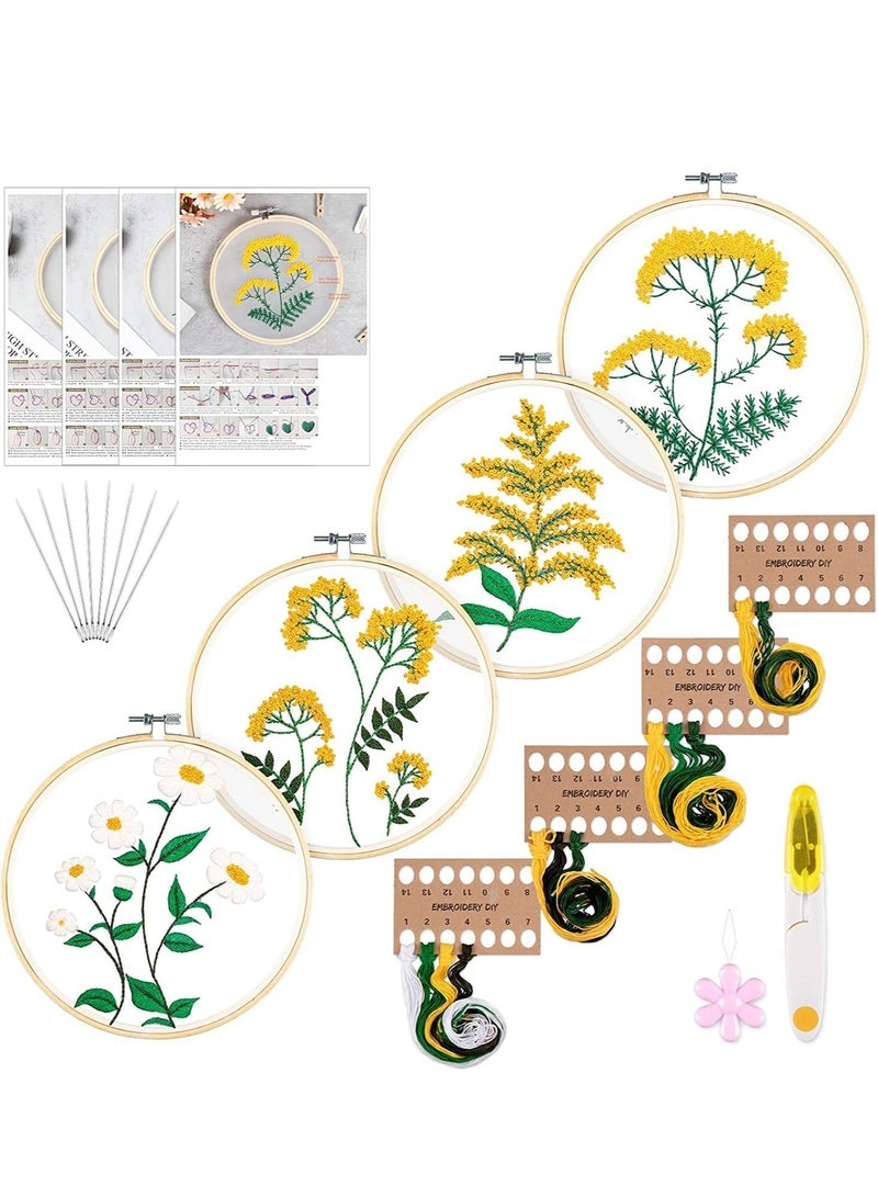 SYOSI Embroidery Starter Kit with Flower Pattern and Instruction Clear Organza Floral Needlepoint Cross Stitch Kit with Embroidery Hoop Threads Needle Scissors for Beginners DIY Craft 4 Pack  - Image 1