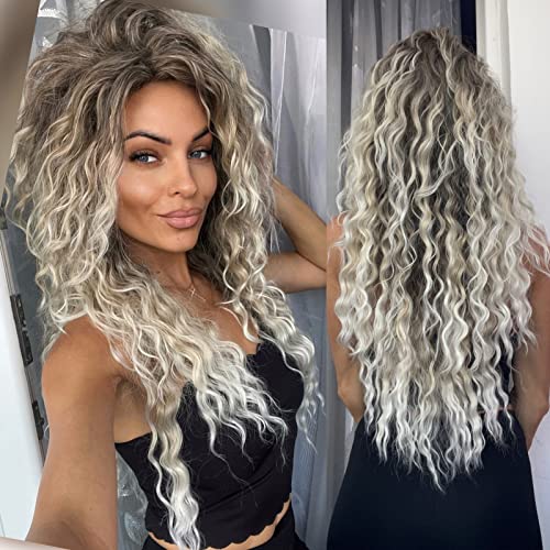 GNIMEGIL 26 Inch Ombre Ash Blonde Curly Wig 80s Long Wavy Wigs For Women Fluffy Synthetic Fiber Carnival Party Halloween Costume Big Volume Hair Brown Shades Blonde Realistic Hairstyle - Image 1