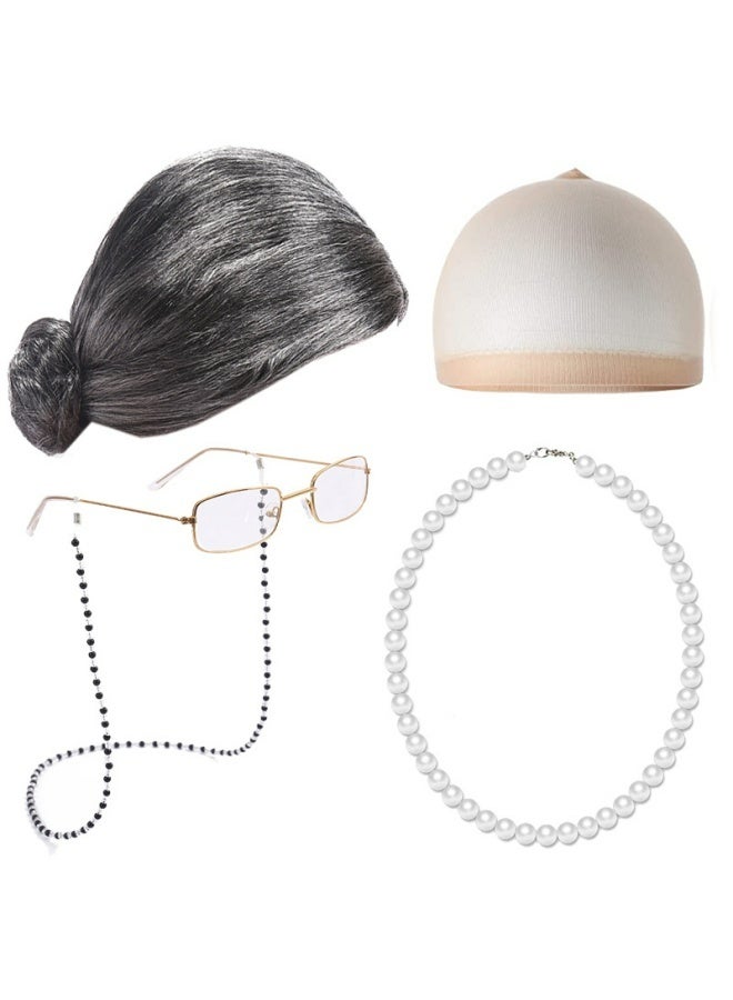 Old Lady Wig Costume for Women 100 Days of School Costume for Kids Girls Grandma Granny Costume Wig for Cosplay Grey - Image 1