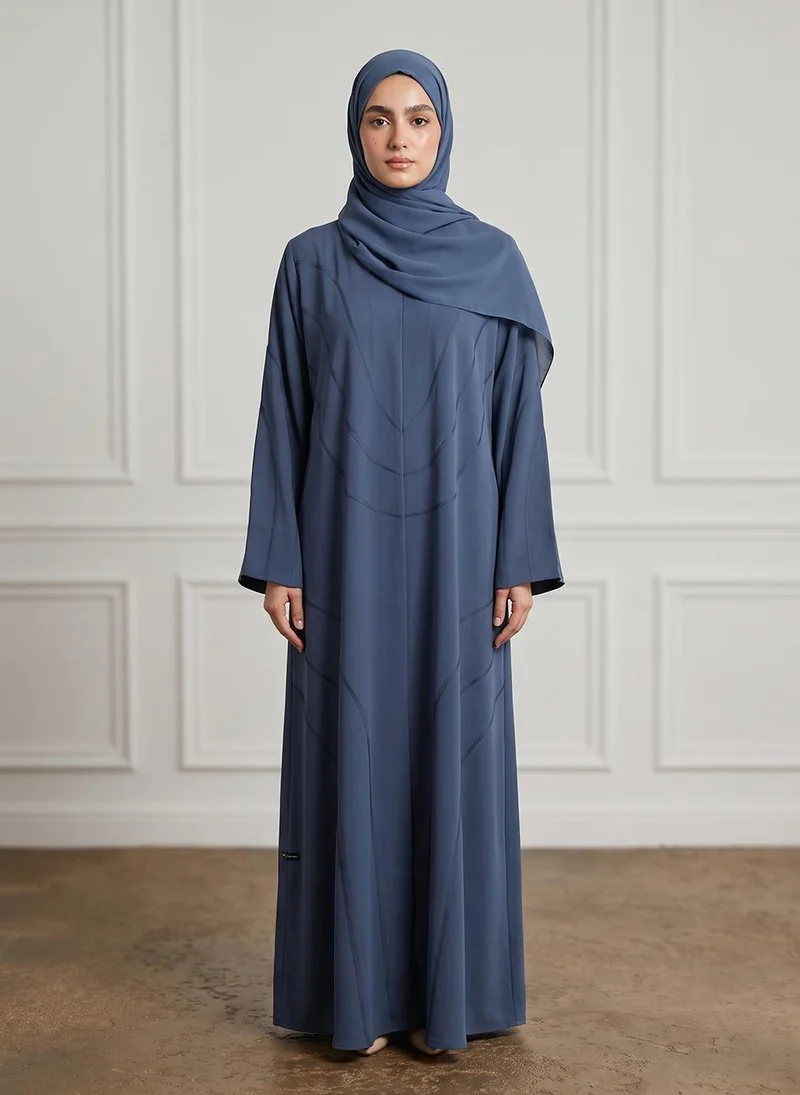 Slate Blue Geometric Stitched Crepe Abaya-957