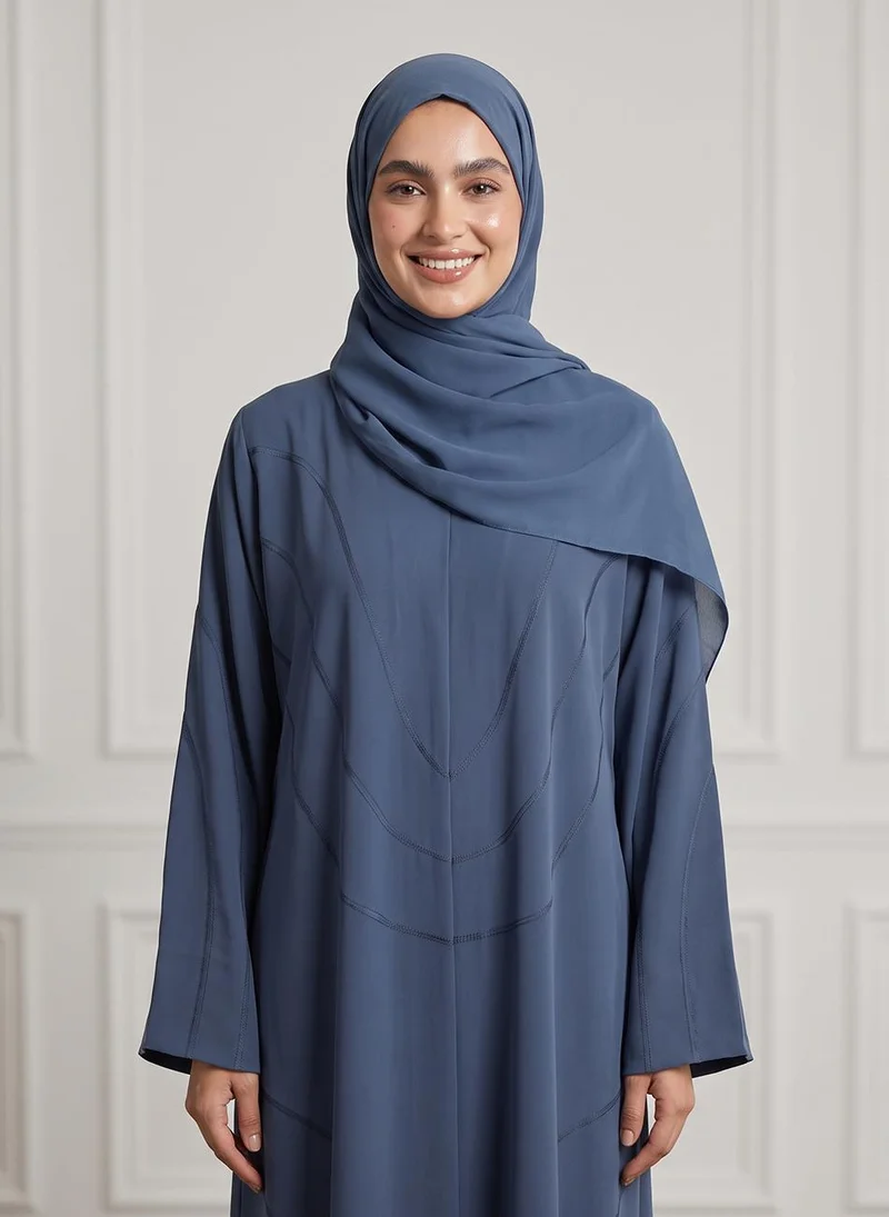 Nukhbaa Slate Blue Geometric Stitched Crepe Abaya-957