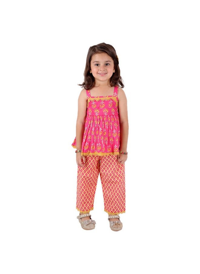 Superminis - superminis Baby Girls Sanganeri Printed Sleeveless Cotton Top With Straight Pant Dress (3-4 Years, Pink) - Image 1