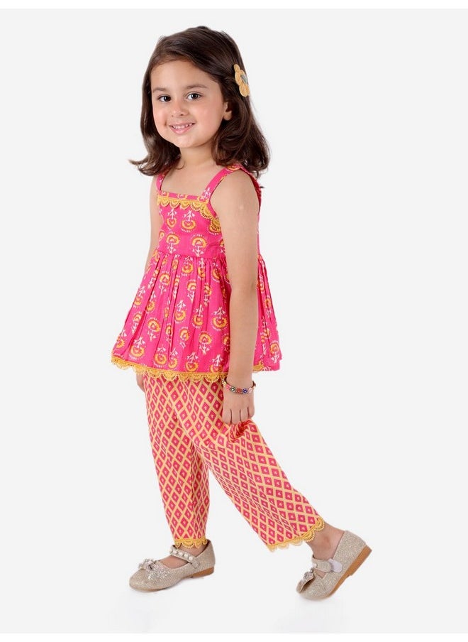 Superminis - superminis Baby Girls Sanganeri Printed Sleeveless Cotton Top With Straight Pant Dress (3-4 Years, Pink) - Image 1