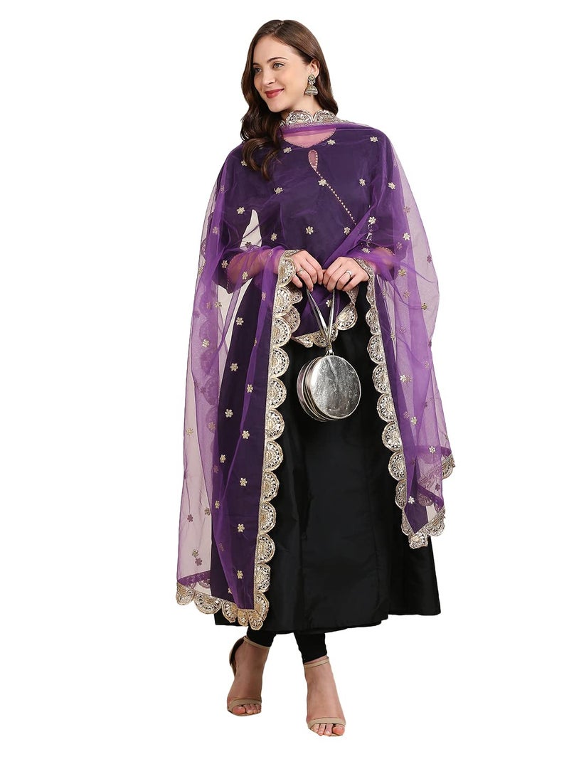 DUPATTA BAZAAR Women's Purple Embroidered Net Dupatta With Scallops, free size - Image 1