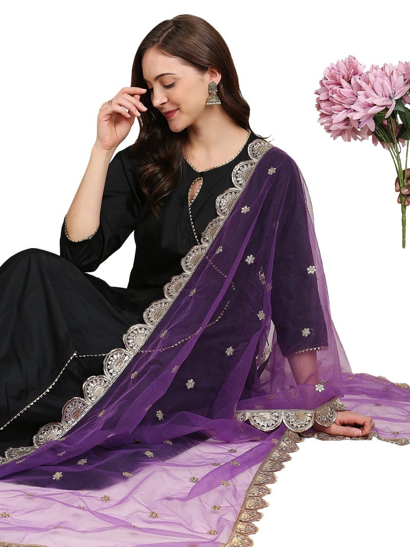 DUPATTA BAZAAR Women's Purple Embroidered Net Dupatta With Scallops, free size - Image 2